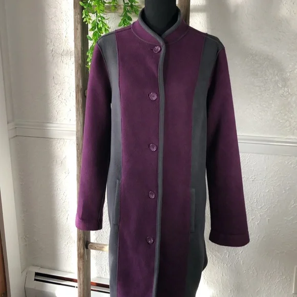Susan Graver Fleece Purple Gray Long Button Up Coat Color. Block Trench Coat - Picture 3 of 16